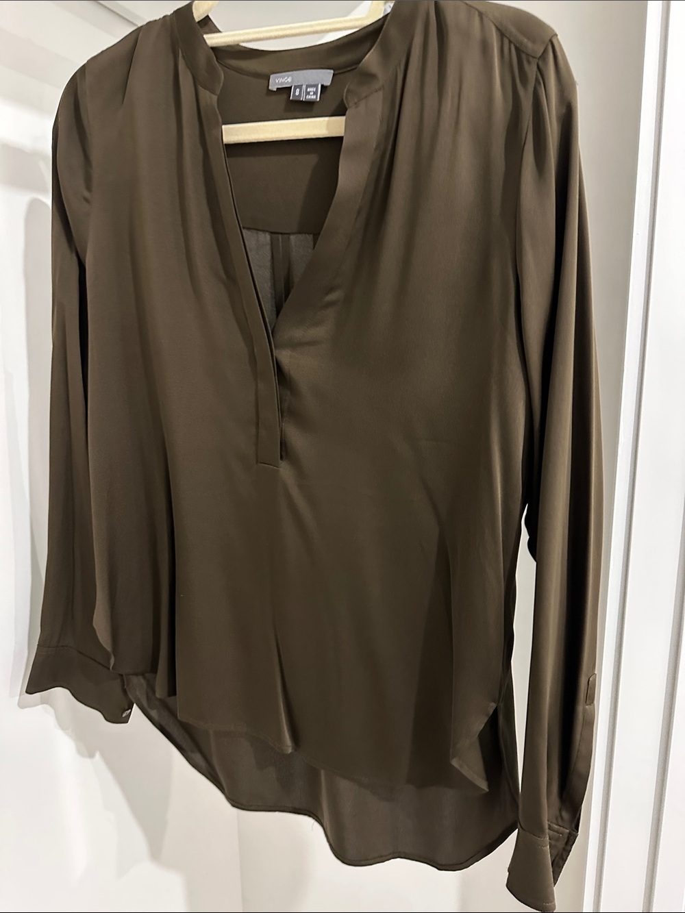 Vince Olive Split-Neck Long-Sleeve Blouse